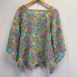 Handmade Women Fairy Floral Sheer Handkerchief Hem Top Size M Boho Feminine